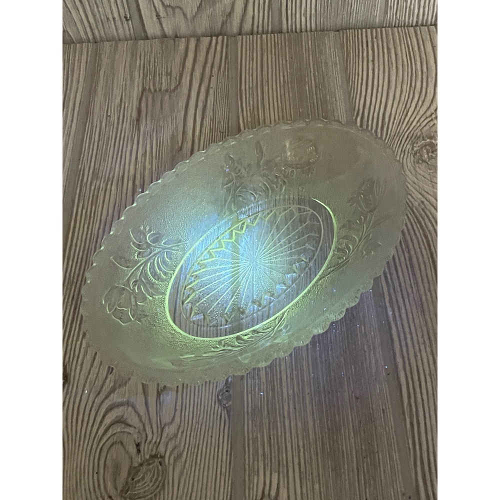 Vintage Uranium Glass Oval Bowl Floral Rose Scalloped Edge UV Glow 8.5 Inch